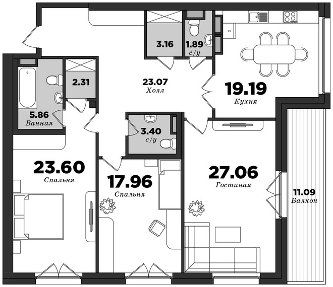 Krestovskiy De Luxe, Building 4, 3 bedrooms, 133.05 m² | planning of elite apartments in St. Petersburg | М16